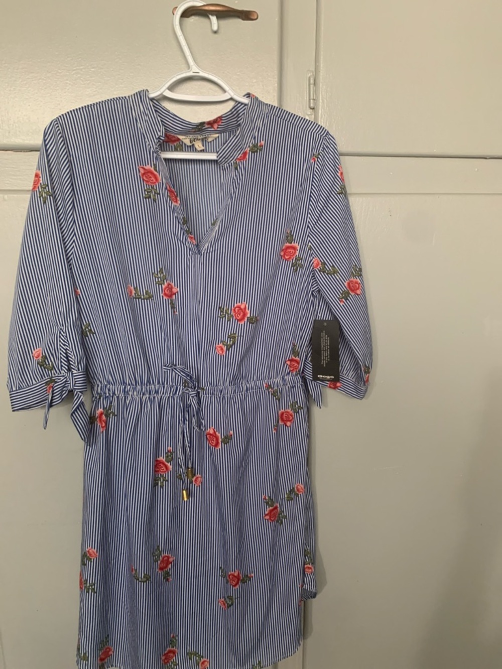 Blush Blue & White Striped Floral Tie-Waist Mini Dress